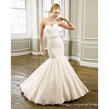 Trumpet Mermaid Sweetheart Strapless Lace Chapel Train Beading-belt Ruffled Wedding Dress